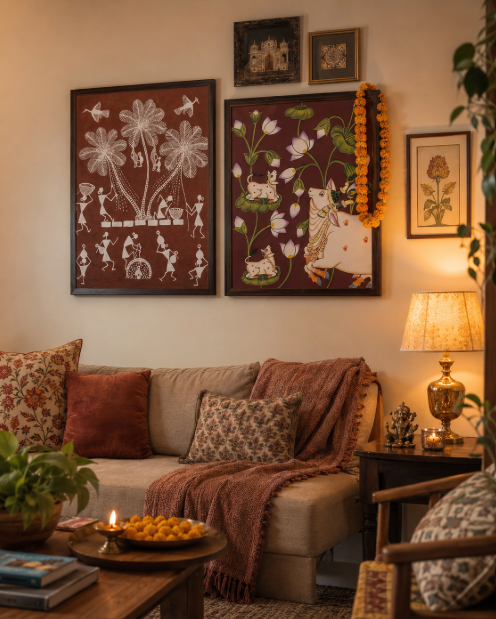 Indian art gallery wall styled in a lived-in home