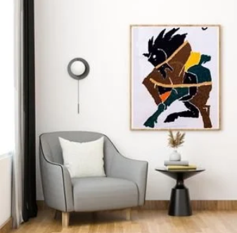 Paintings online purchase example styled above a console in a modern Dubai living room