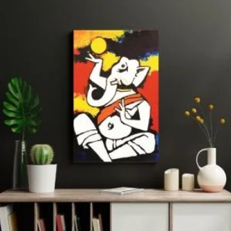 Folk art painting styled in a warm-toned Dubai living room as part of a paintings online purchase