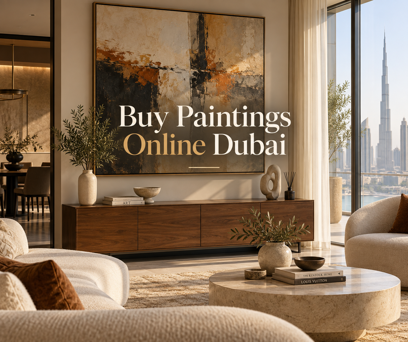Buy paintings online Dubai featured image showing an original painting styled in a premium living room.